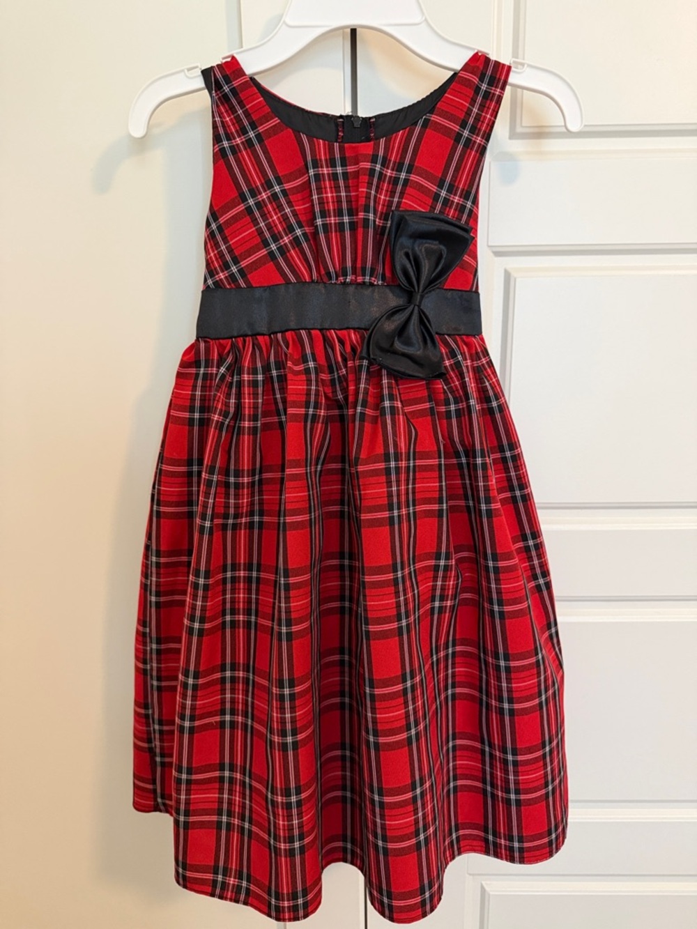 Girls' Red Plaid Formal Dress with Black Sash and Bow